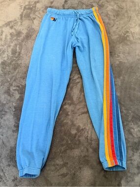 Aviator Nation Light Blue Joggers with Rainbow Side Stripes